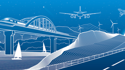 City infrastructure industrial and transport illustration panorama. Train travels along railway bridge over river. Automobile road in mountains. White lines on blue background.