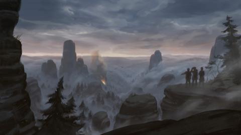 Visualisierung zum Computerspiel "Schießeisen": Drei Personen stehen in einer Berglandschaft und blicken in die Ferne, im entfernten Tal ist ein Feuer zu sehen, der Himmel ist bewölkt.