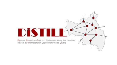 Logografik mit verknüpften Punkten auf einer Landkarte mit Text: Distill - Digitales Simulations-Tool zur Weiterentwicklung des Lausitzer Reviers