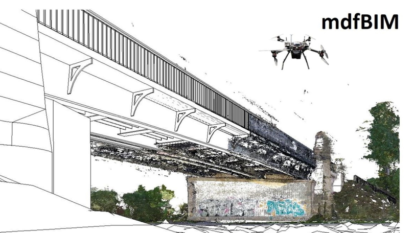 Eine Drohne fliegt neben einer Brücke