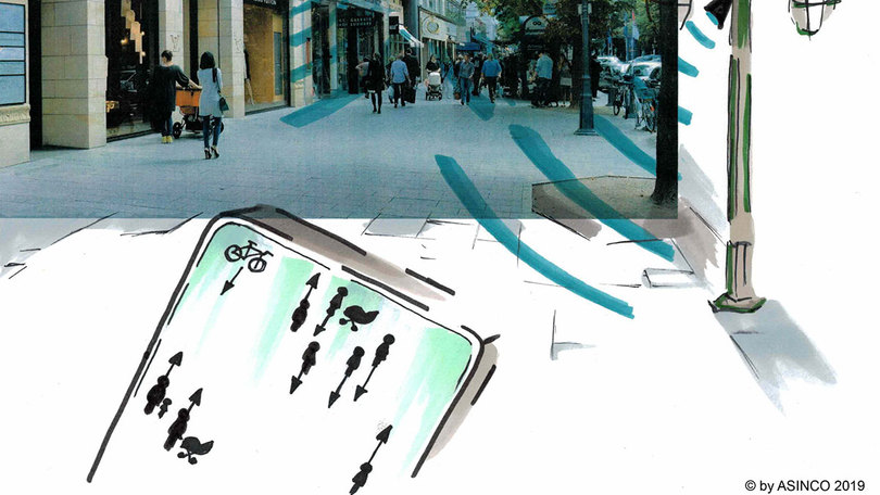 Einkaufsstraße mit Abbildung in einer handy-app der verkerhrsströme