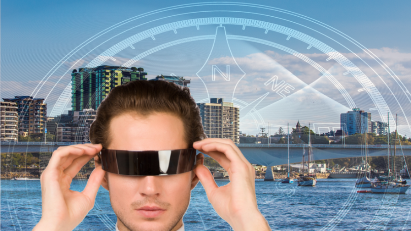 Collage - Mann mit Sonnenbrille vor einer Stadt