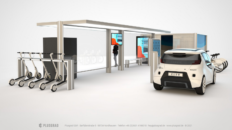 Visualisierung einer „Smarten Mobilitätsstation“, an der E-Scooter und ein Auto angeschlossen sind