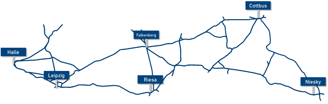 Kartenausschnitt des Versuchsgebietes über die Haupt- und Nebenstrecken im Streckennetz Halle – Cottbus – Niesky