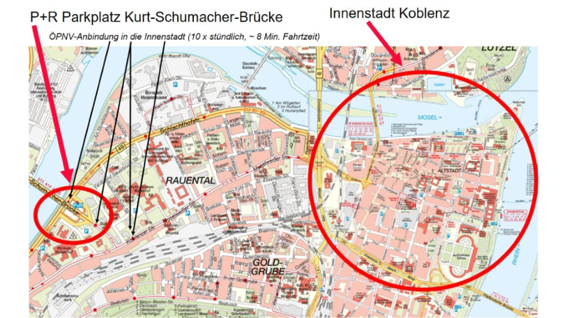 Stadtplan von Koblenz mit gekennzeichneten Bereichen