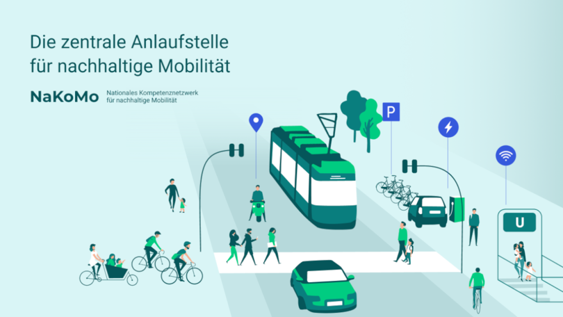 Visualisierung verschiedener Verkehrsträger in einer städtischen Szenerie. In der oberen linken Ecke des Bildes befindet sich der Text: Die zentrale Anlaufstelle für nachhaltige Mobilität. NaKoMo. Nationales Kompetenznetzwerk für nachhaltige Mobilität.