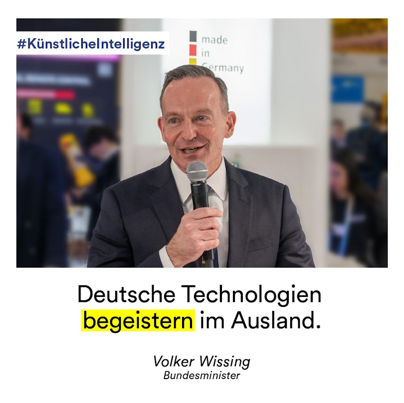 Foto mit Grafik: Volker Wissing zur künstlichen Intelligenz: Deutsche Technologien begeistern im Ausland.
