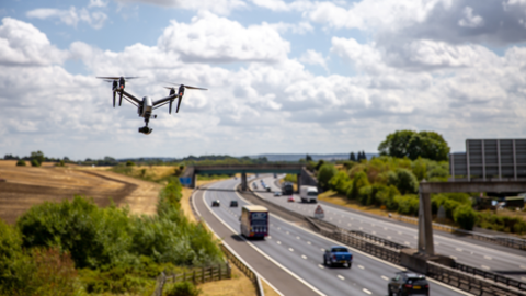 Eine Drohne fliegt neben einer Autobahn