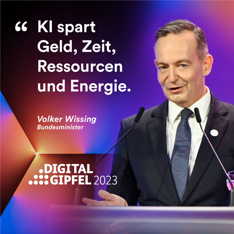 Volker Wissing mit dem Text: „KI spart Geld, Zeit, Ressourcen und Energie.“ Volker Wissing, Bundesminister. Digitalgipfel 2023.