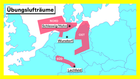 Grafische Deutschlandkarte mit Markierungen der Übungslufträume