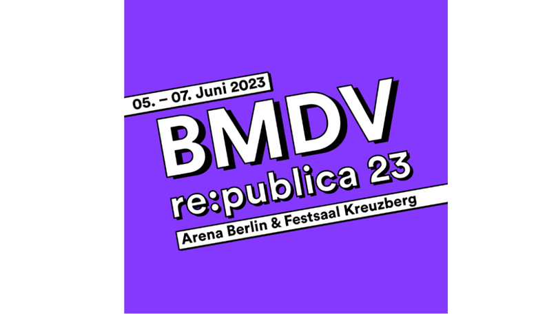 republica Grafik in lila mit Text: BMDV auf der republica am 5.6. bis zum 7.6.2023