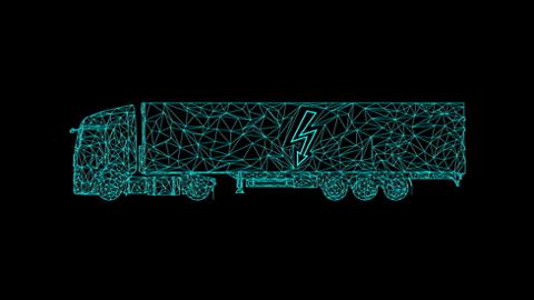 Visualisierung eines elektrischen Lkws auf schwarzem Hintergrund. Der Lkw wird aus türkisfarbenen Linien gebildet. Auf der Seite des Fahrzeuges ist ein Symbol für Strom abgebildet.