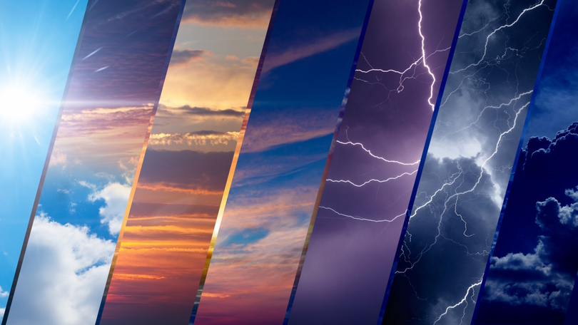 Mehrere Aufnahmen verschiedener Wetterphänomene am Himmel, die in schrägen Streifen nebeneinander dargestellt werden