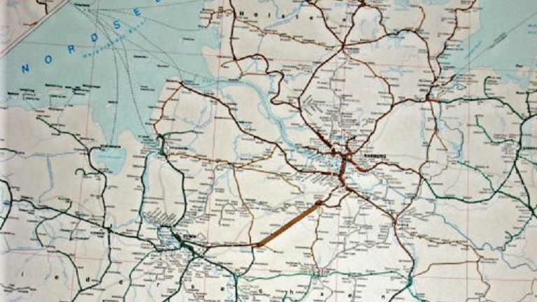 Ausschnitt einer Karte der Bundesrepublik Deutschland mit Schienenetz
