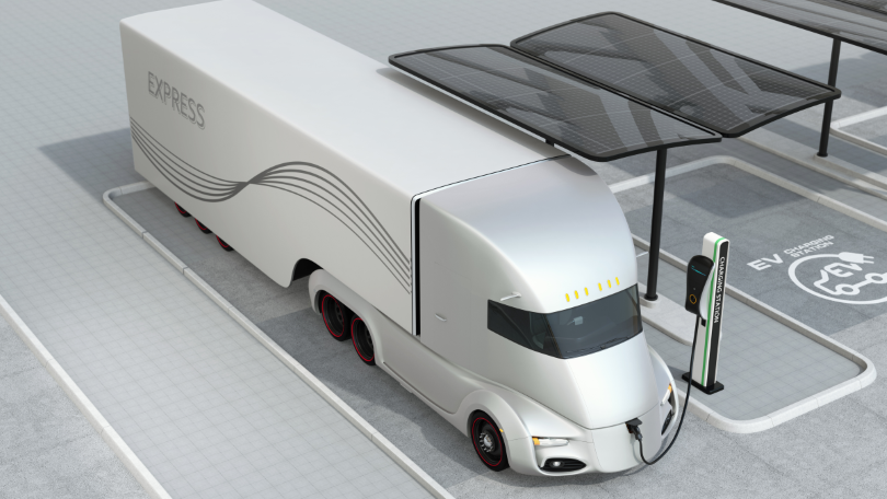 3D-Visualisierung: Autonomer Elektro-Lkw wird an einer Ladestation geladen
