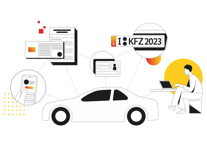 Illustration eines Autos mit Linien zu Dokumenten, einem Smartphone, einem Ausweis, einem Kfz-Kennzeichen und einer Person, die einen Laptop bedient