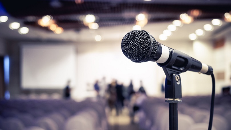 Microphone in Conference Seminar room Event Background 