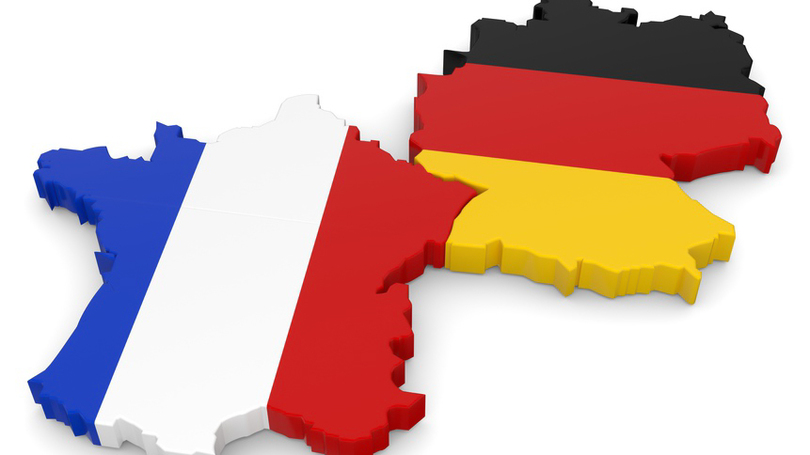 Map section of germany and france coloured in the respective national colours